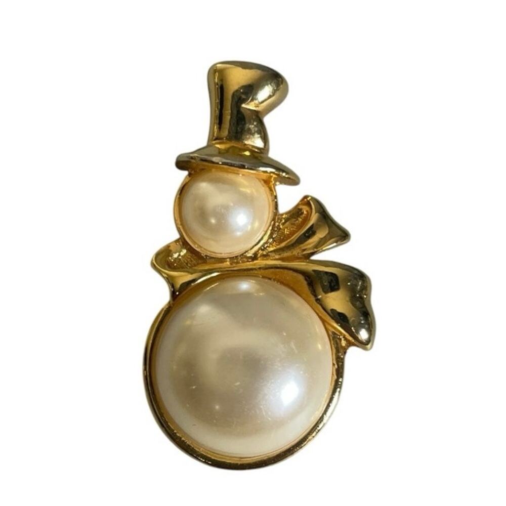 Vintage Snowman Gold Tone Featuring Faux Pearls Holiday Brooch Pin
